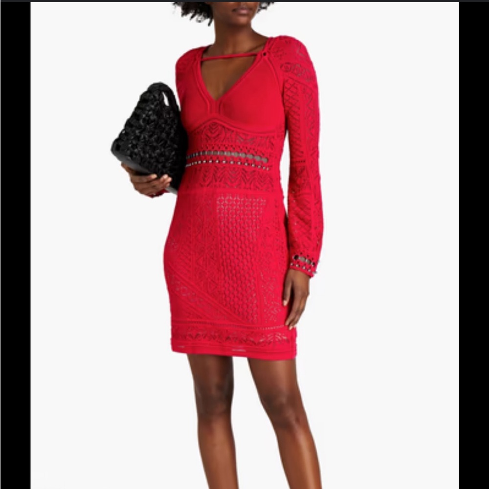 ROBERTO CAVALLI Crochet Long Sleeve pointelle-knit Red Dress IT 42 / US 6